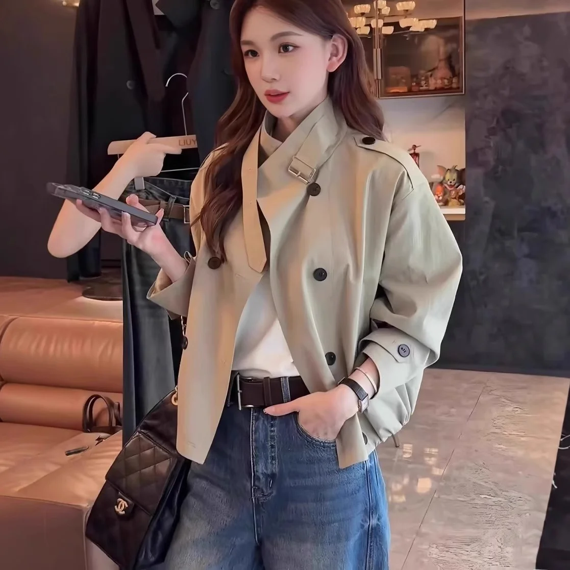 Damska kurtka Briti Sle ort, dwurzędowa, ze stójką, luźna, jesień 2025, casualowa, modna, z włókna poliestrowego, długa.