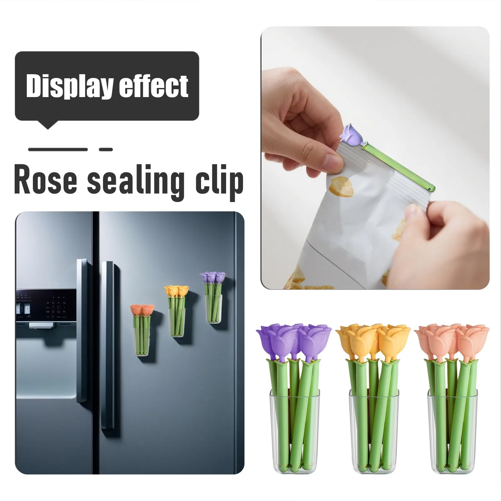 Rose Flower Potato Chip Clips 5 Pieces With Magnetic Storage Box Potato Chip Snack Sealer Cute And Beautiful Kitchen Decoration