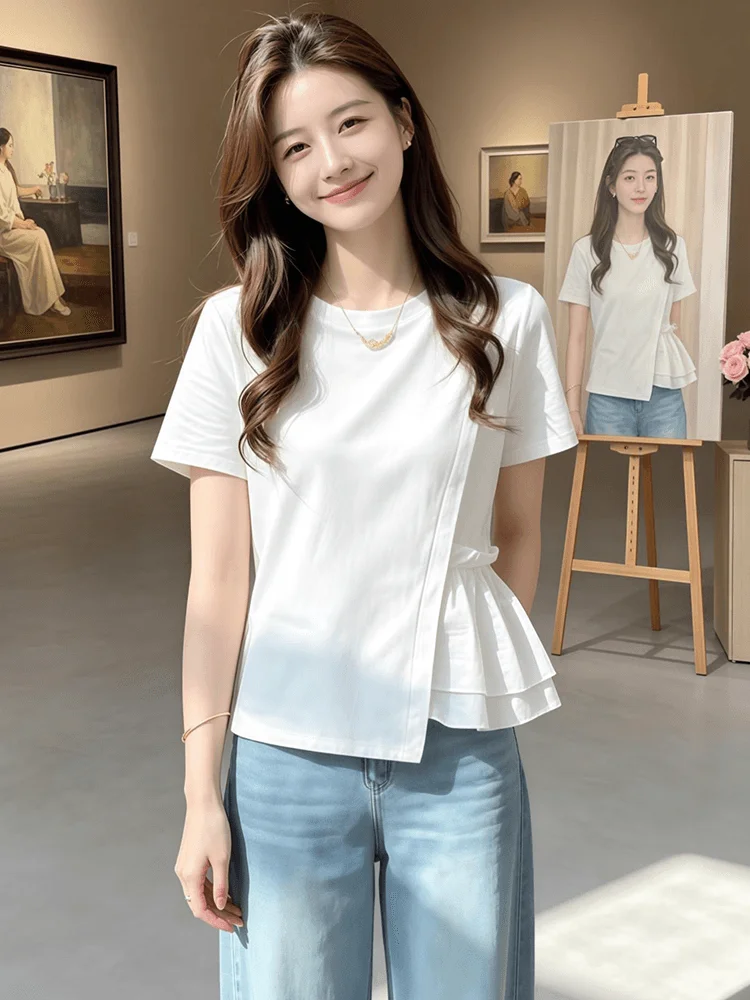 

Unique White Short Sleeve T-Shirt Women's Summer New Style Casual High Waist Design Breathable Comfortable Skin-friendly Top