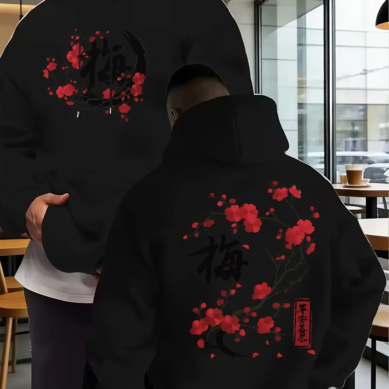 Y2K Chinese Style Hoodie Men Cream Dual Sided Red Plum Blossom Ink Circle Mei Stamp Oversized Soft Fleece Sweatshirt