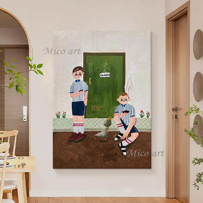 

Льняной холст, мультяшная фигурка, картина, безрамный современный дизайн, два мальчика, ручная роспись, украшение на стену, абстрактные картины маслом