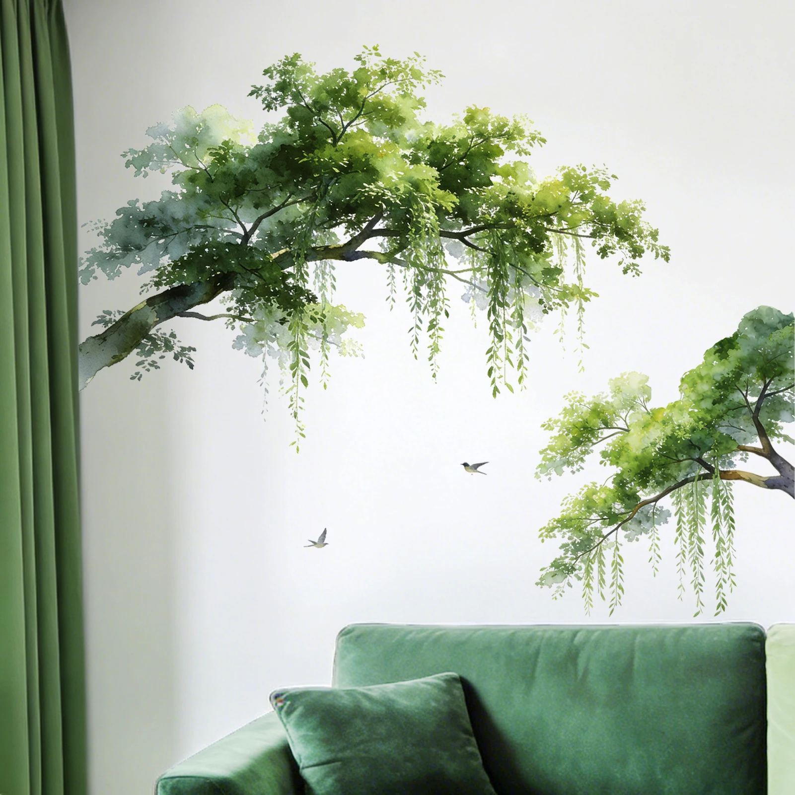 Watercolor Green Tree Wall Stickers, Nature Willow Branch & Bird Decals, Removable Fresh Aesthetic Home Decor