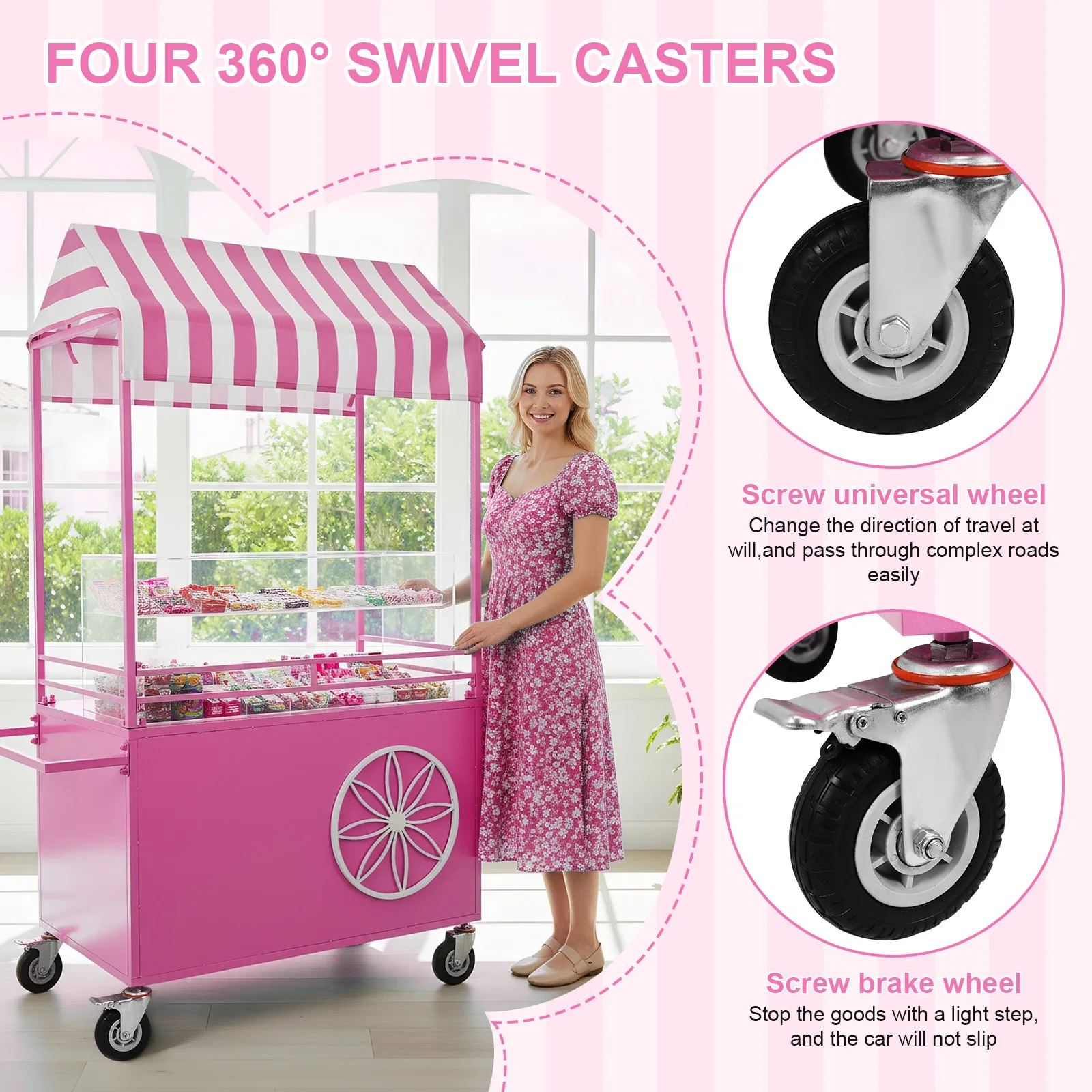 

Portable Food Display Stand with Lockable Wheels Vending Stand Kiosk Display Trolley with Canopy for Fairs Festivals and Events