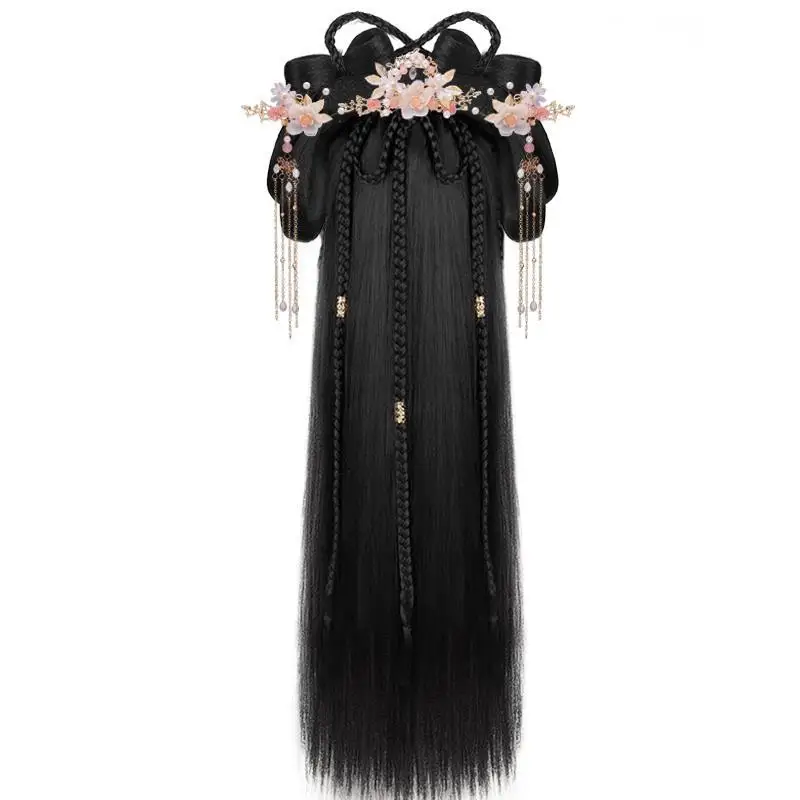 Ensemble de cheveux Hanfu : bandeau tout-en-un avec chignon rembourré, perruque Hanfu pour fille paresseuse : chignon pré-style + perruque de cosplay avec anneau de cheveux