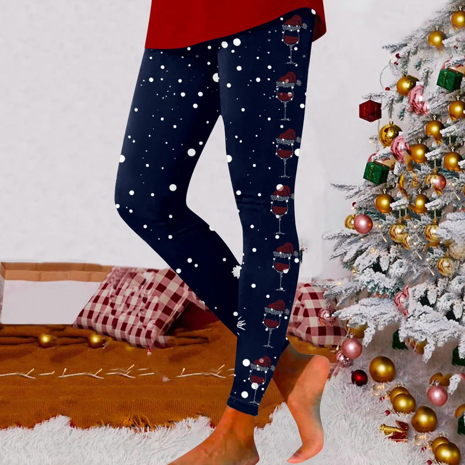 

Женские рождественские леггинсы для йоги с высокой талией, тонкие брюки, бокал для вина с принтом, узкие брюки для бега в тренажерном зале, фитнеса, бега