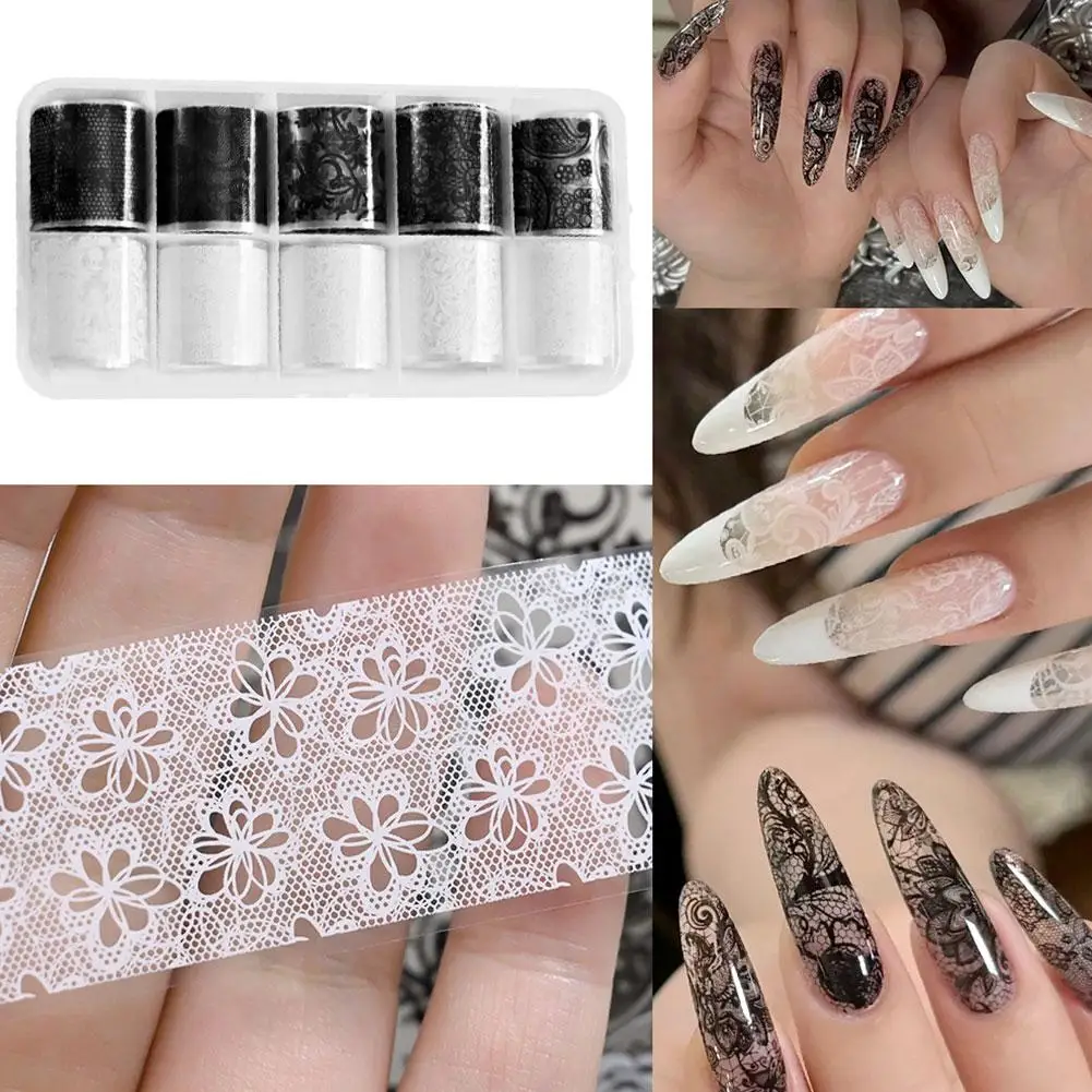 10 Rolls Black White Lace Nail Foil Transfer Stickers Hollow Out Star Design Instagram DIY Acrylic Nail Art Supplies Set 7Days