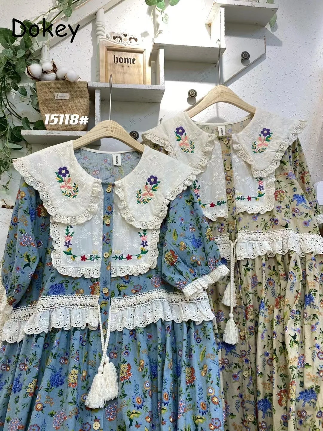 Vintage ricamo Art Print abito Kawaii donna giapponese Mori Girl Peter Pan Collar Patchwork abito in lino di cotone abiti larghi