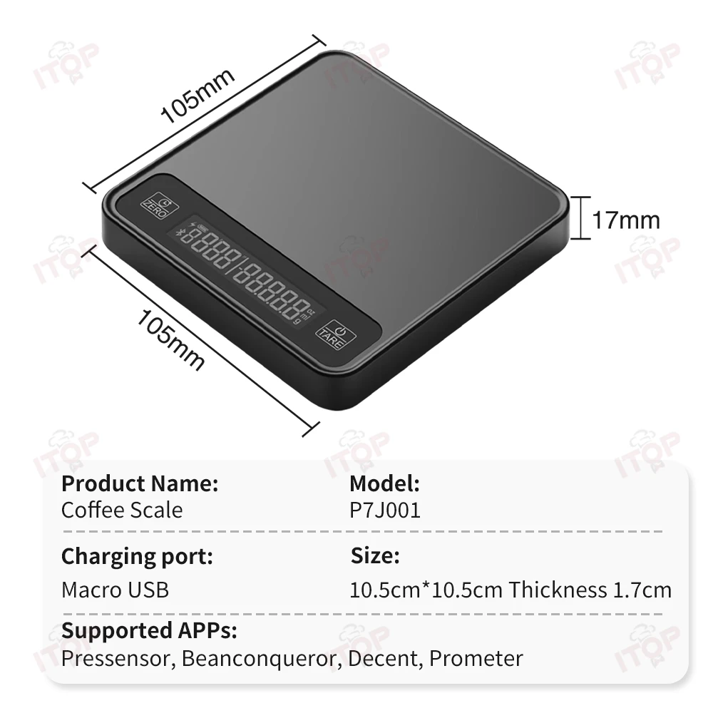 ITOP P7J001 Skala Kopi Didukung APP Pressensor, Beanconqueror, Layak, Prometer 3 Mode Operasi