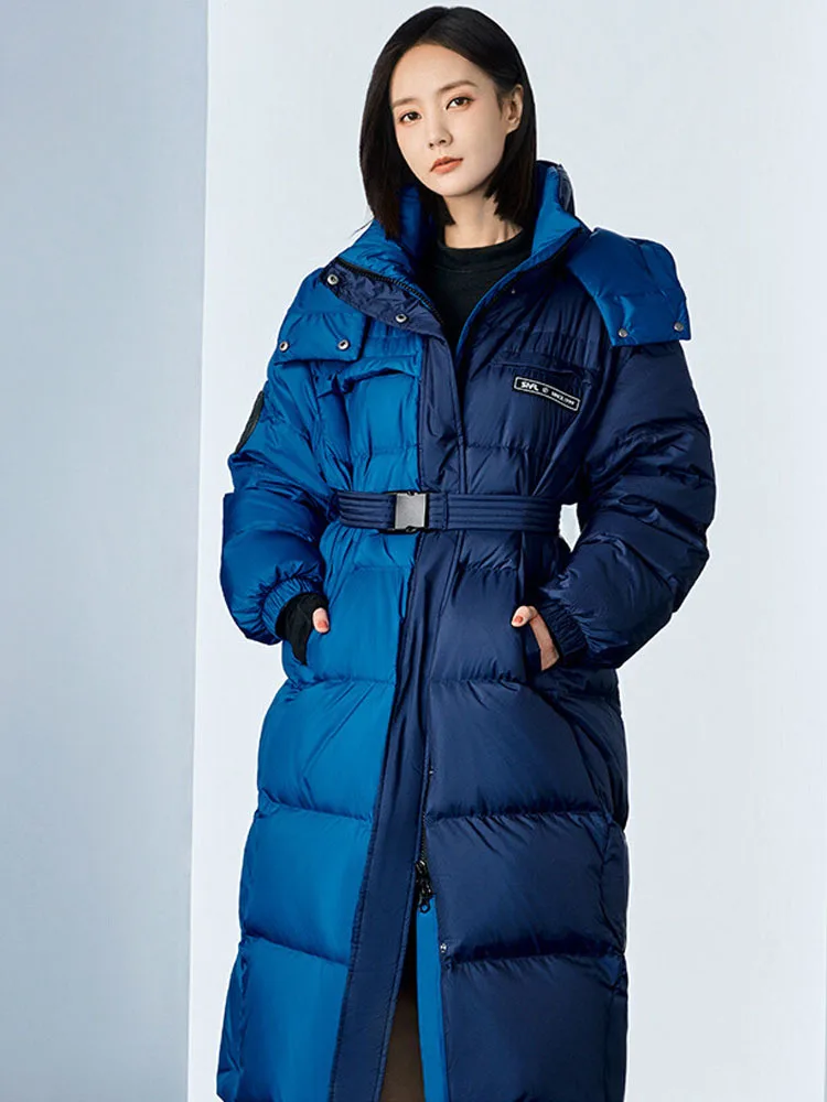 

2023 Winter Long White duck down jacket High street Solid Thick warm Female Loose Coat White belt Ladies Outerwear
