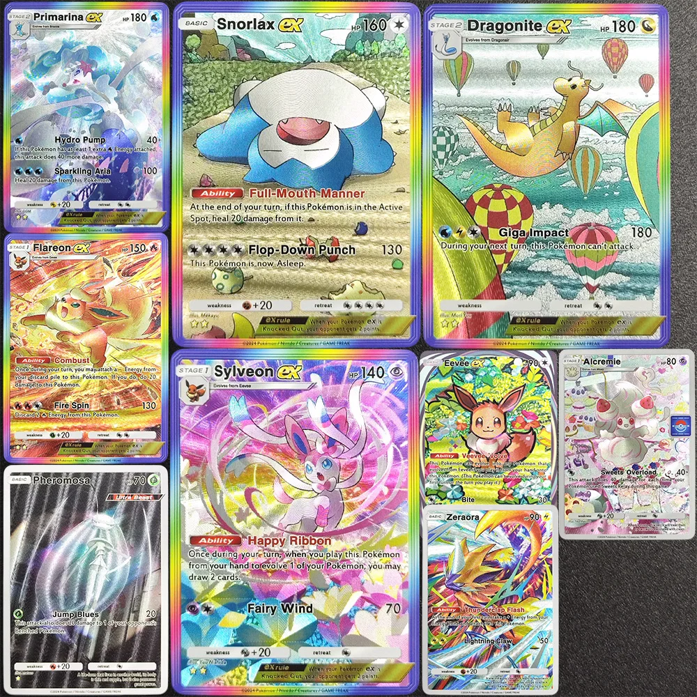 9PCS/Set TCG Pocket Flareon Primarina Sylveon Dragonite Snorlax Eevee ex Alcremie Pheromosa Zeraora Game Texture Flash Card Toy