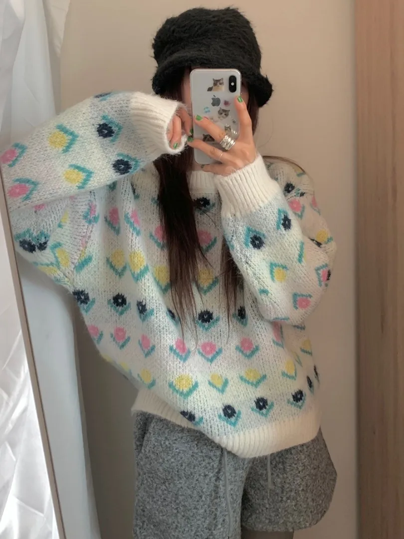 

Korean Sle round Ne Loose Knitted Sweater Women's Fre Floral Pattern Young Looking Casual Faion Online Exclusive