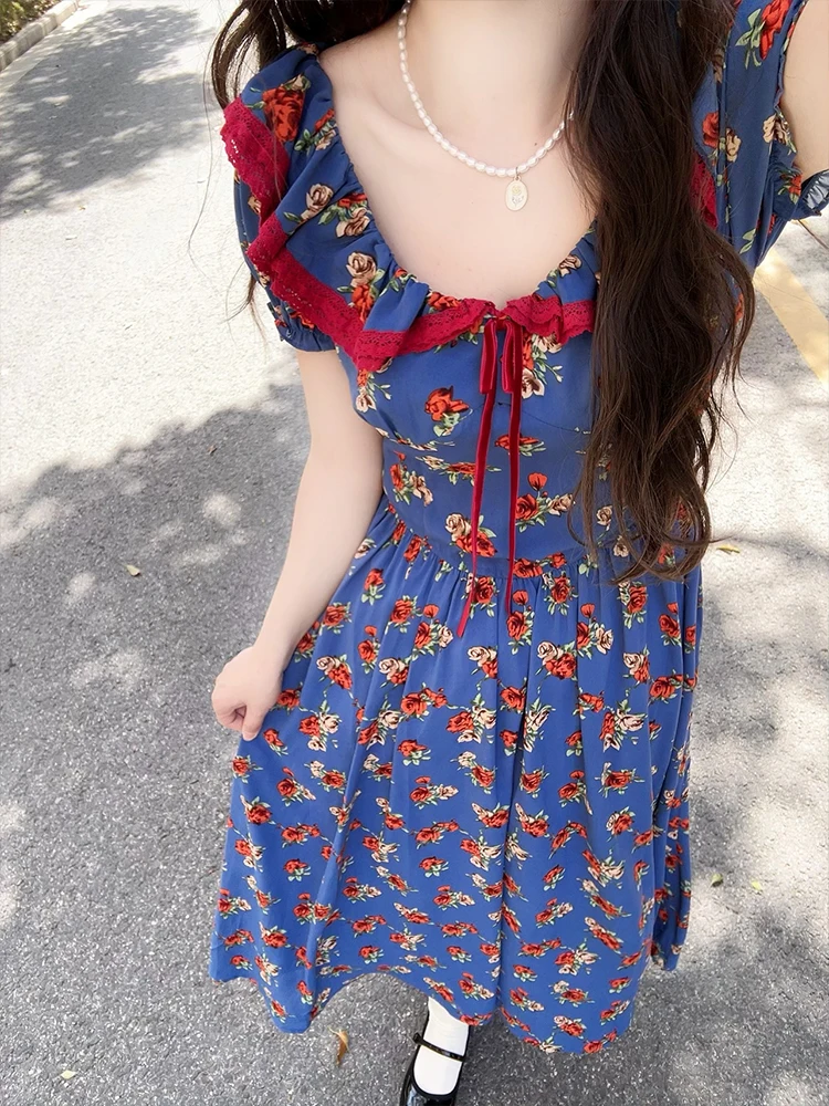

XZY plus Size Romantic Floral Print Bubble Sve Dr Women's Summer High Waist Beautiful Holiday Dr Korean Sle A-Line...