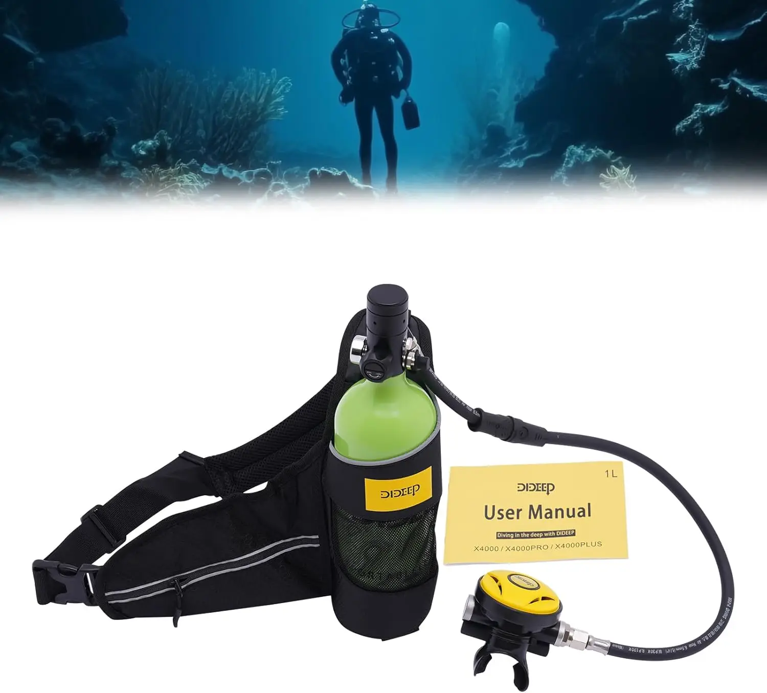 Compact 1L Refillable Scuba Tank, 15-20 Minute Air Supply, Lightweight 5.51lbs Portable Underwater Breathing Bottle for Backup Emergency Rescue, Exploration & Snorkeling