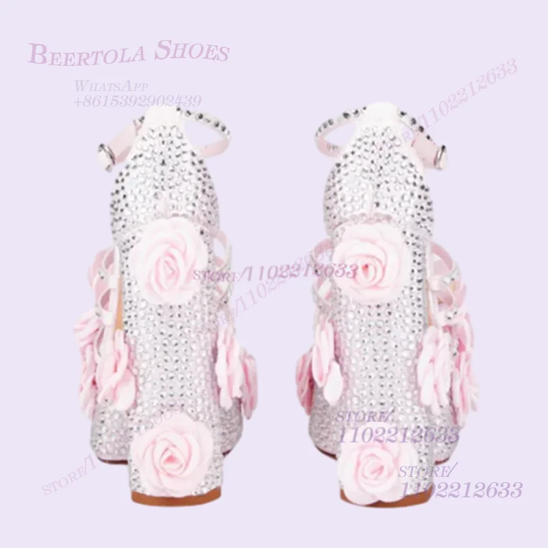 Light Pink Flower Stitching Sandals Girls Platform Crystal Open Heels Summer Short Skirt Dance Pump Rose 3D Thick Heels Woman