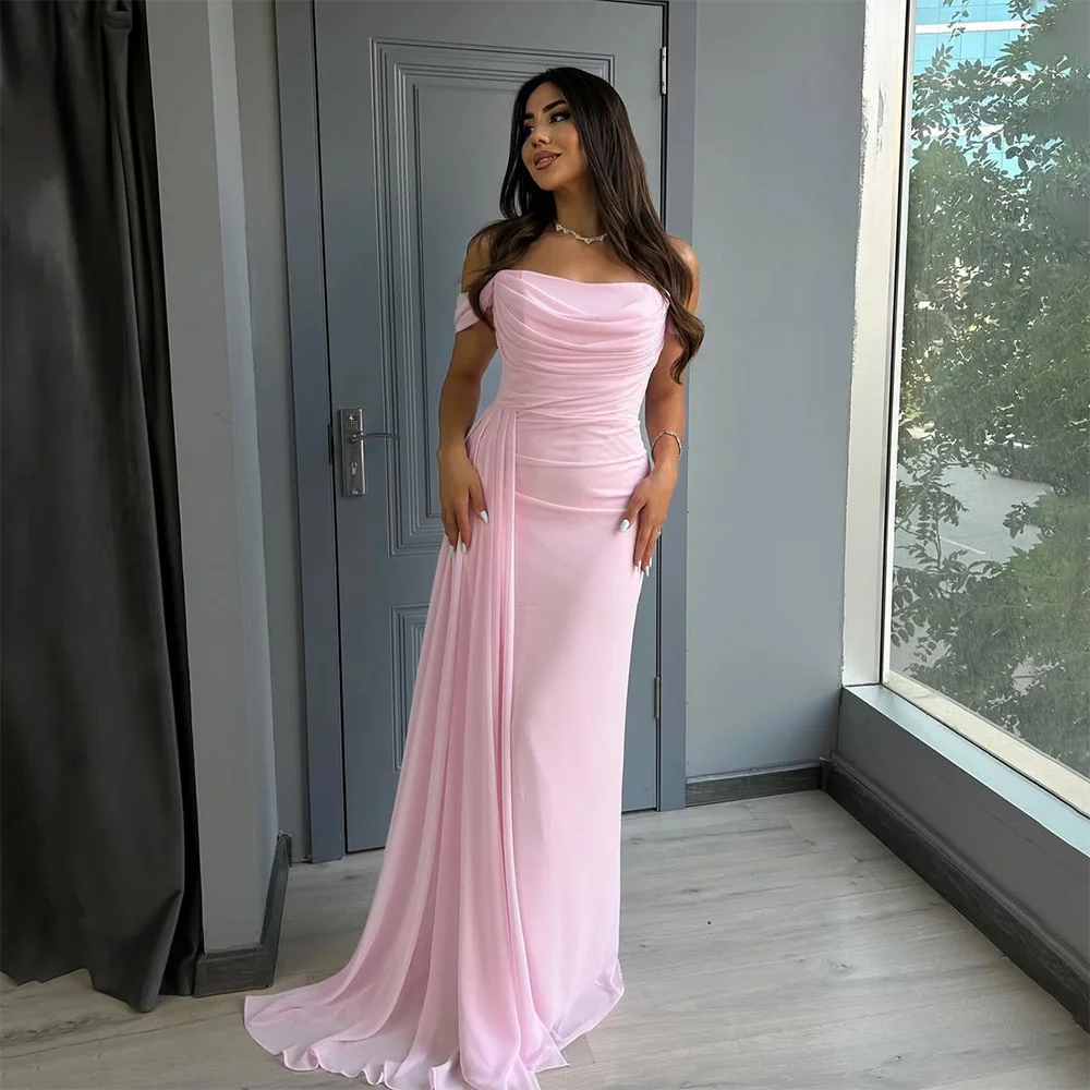 

Розовое вечернее платье для женщин 2025 с открытыми плечами, шифоновые длинные вечерние платья, Русалка длиной до пола, элегантное платье для выпускного вечера по индивидуальному заказу