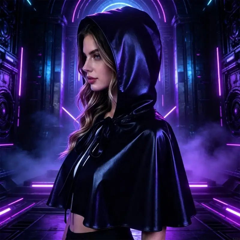 Cosplay Capelet Hooded Glossy Costume Wrap for Party Styling, Stage Use, and Quick Shoulder Layering Piece Accessory 6XDA