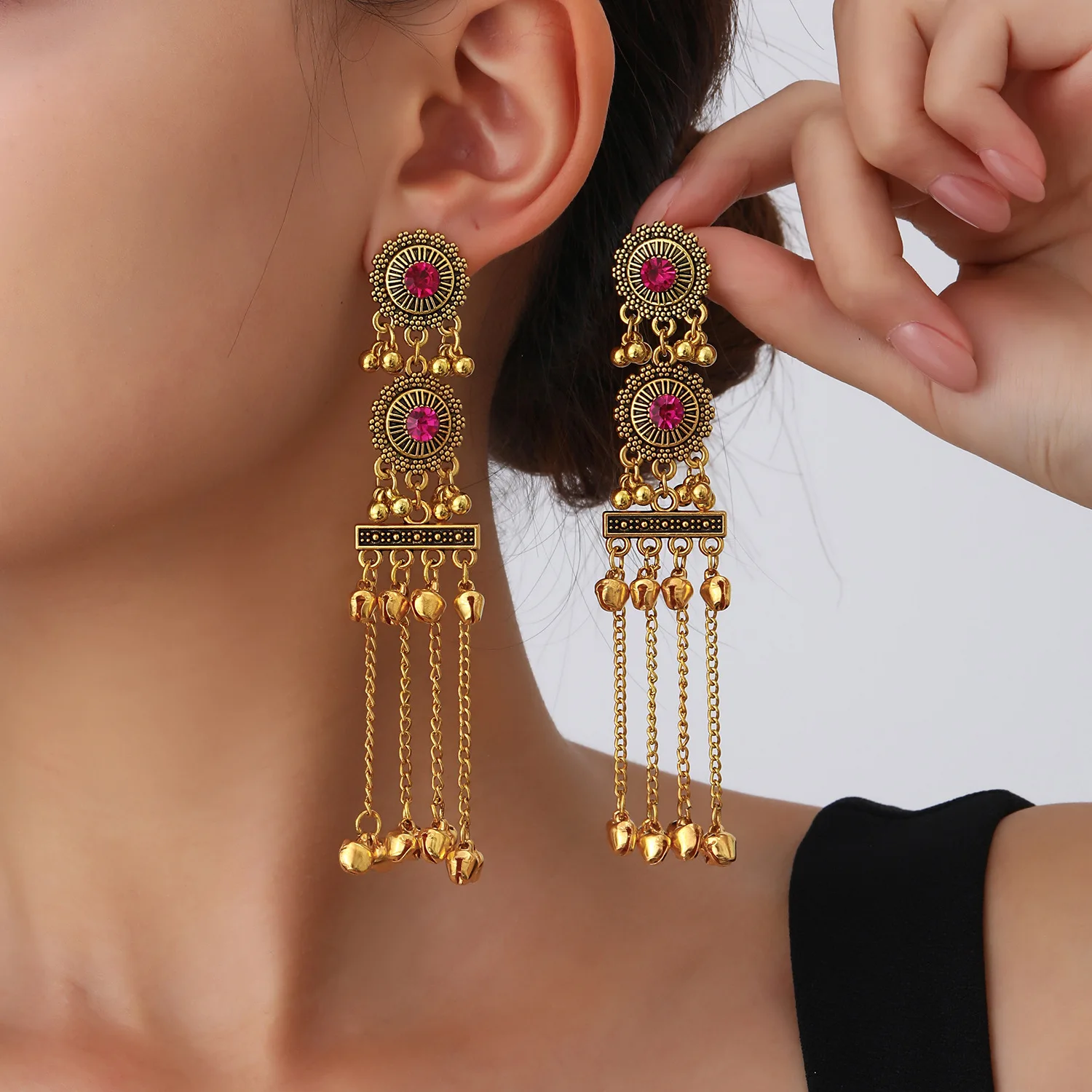 Vintage Women Sunflower Imitation Rhinestone Jhumka Earrings Multi Layer Chain Tassel Bohemian Ethnic Style Drop Ear Jewelry