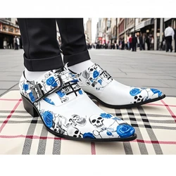 Spring and Autumn White Lace Belt buckle Decorate Tip High heels Cowhide Men's shoes Business Casual leather shoes Wedding shoes