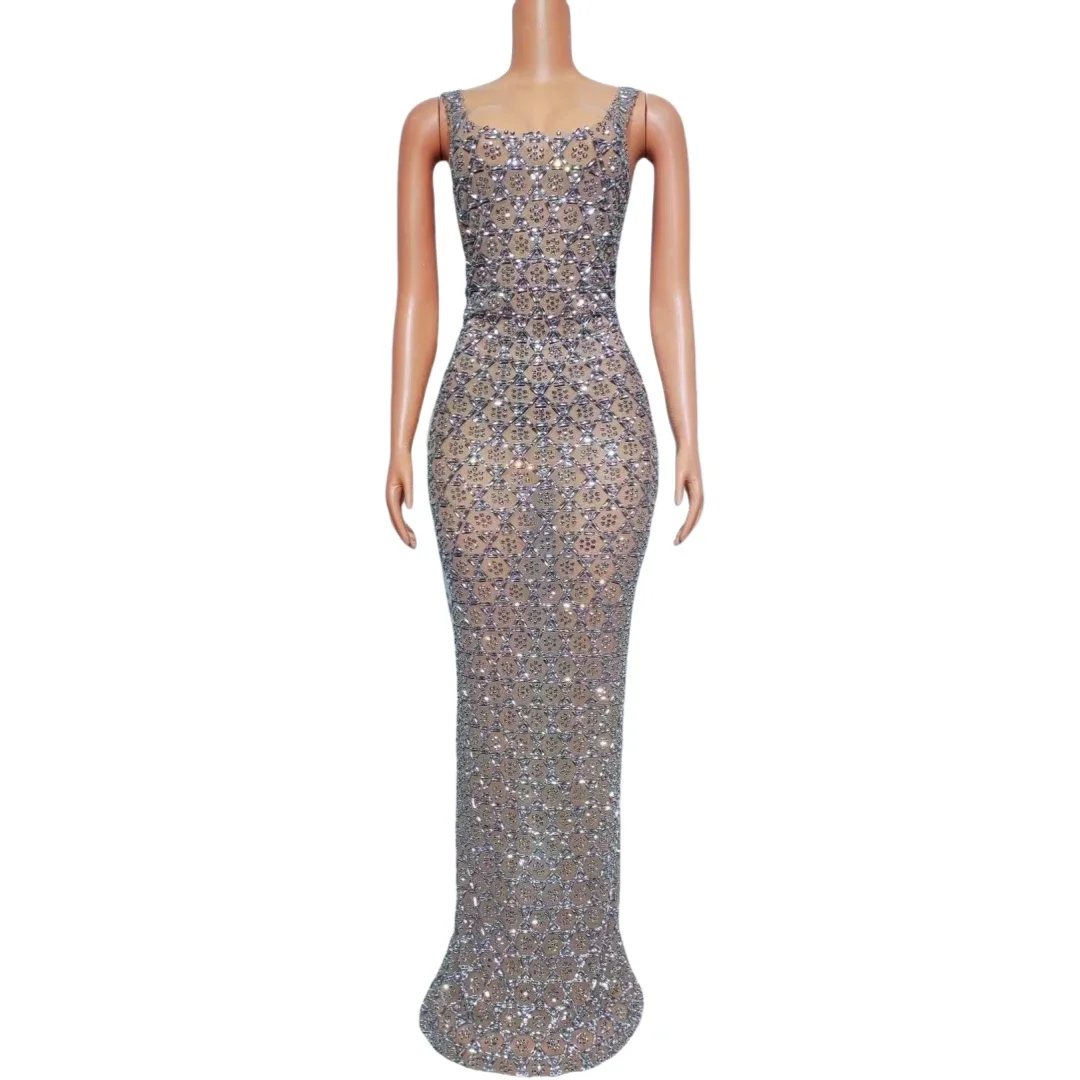 

Sparkly Full Rhinestone Crystals Long Dress For Women Sleeveless Sexy Birthday Evening Wedding Drag Queen Costume Homecoming