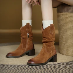 2024 New Women High Heel Cow Suede Leather Shoes Boots Western Cowboy Boots Women Fashion Round Toe Thick Soled Short Shoes