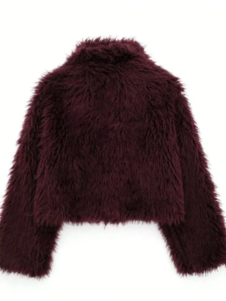 Missuoo Giacca da Teddy corta bordeaux da donna con scollo a V maniche lunghe Cappotto in pile di peluche 2025 Capispalla alla moda autunno inverno