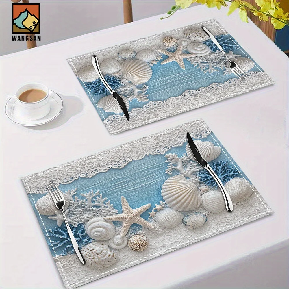 2pc Set Starfish And Shell Pattern PlacematsRectangular Machine WashablePolyester PlacematsTable ProtectorsDining Room Decoratio