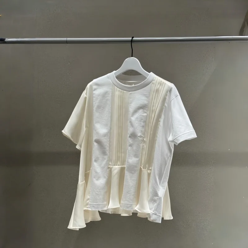 

FOG SACAI Новая летняя свободная женская футболка в японском стиле, повседневный топ с коротким рукавом, плиссированный, дышащий, из хлопка