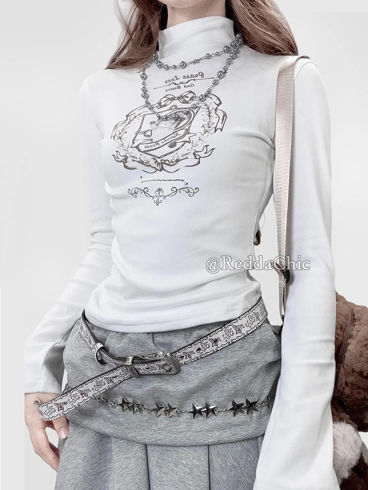 REDDACHiC Baselayer White Top Pants Set 90s Long Sleeve Turtleneck T-shirt Elastic Waist Wrap Sweatpants Y2k Korea Woman Clothes