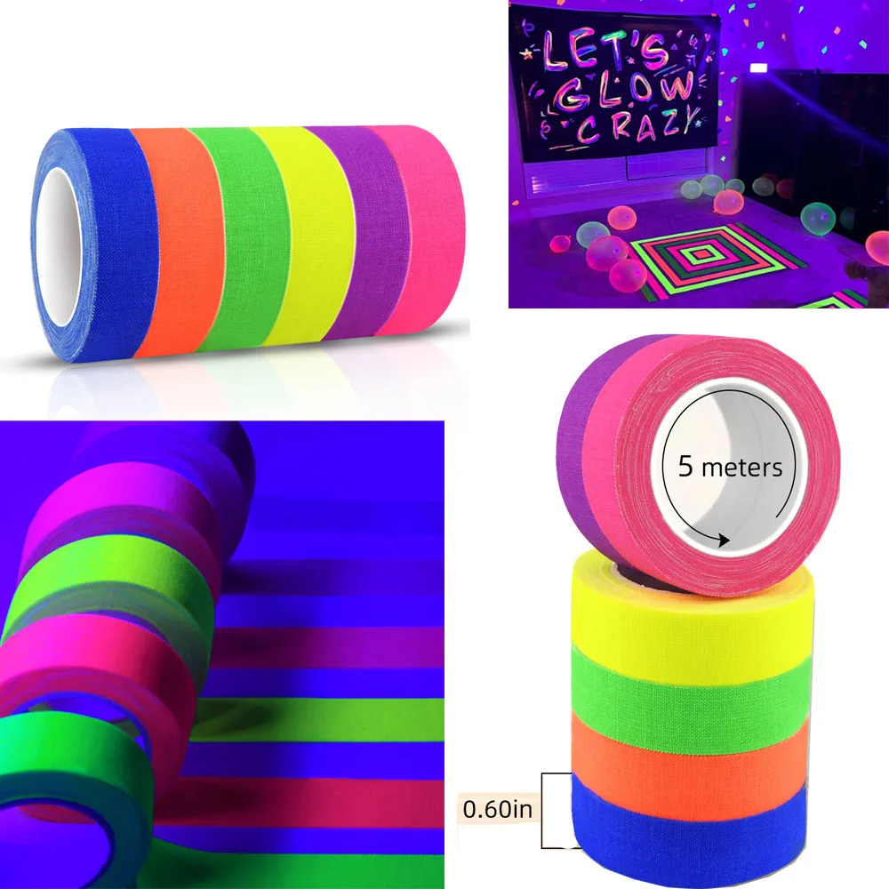 2Pcs 6Colors Neon Cloth Tape 16.4ft/5M Fluorescent UV Blacklight Reactive Glow in The Dark Gaffer Cloth Tape Stickers for Decor