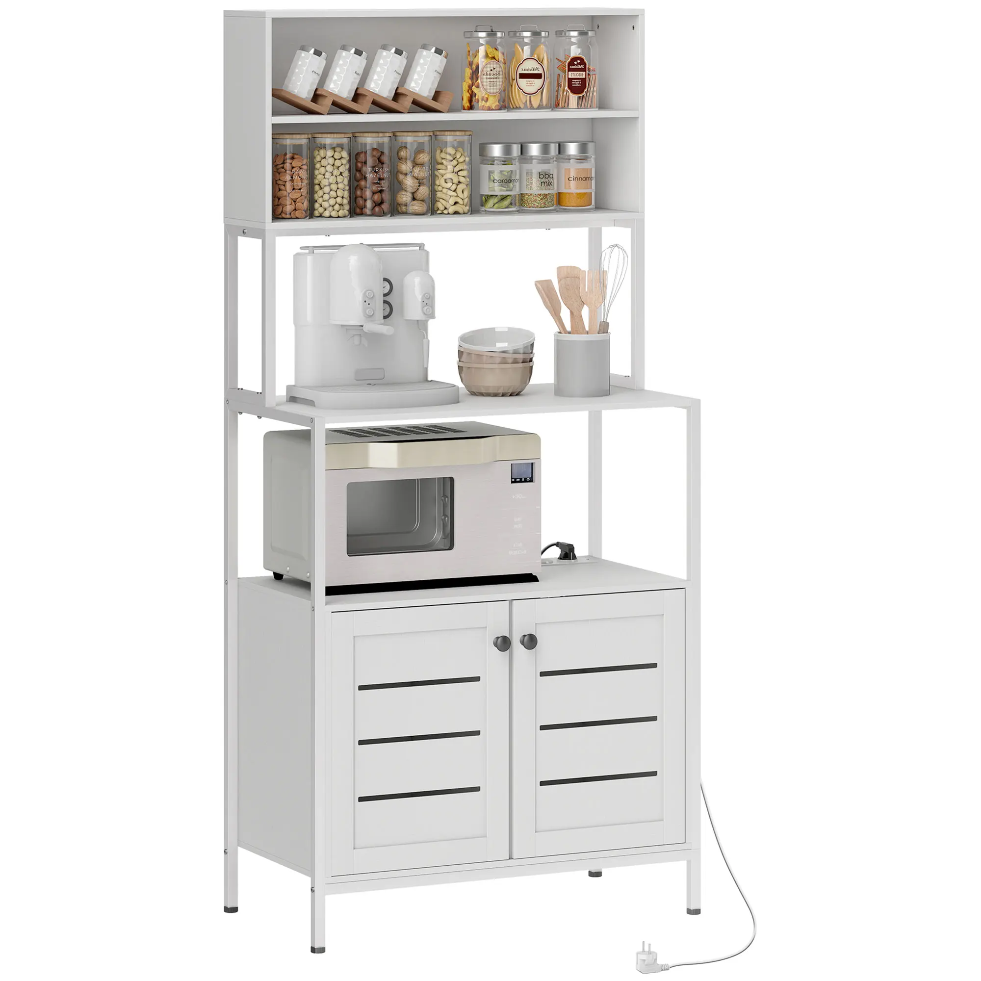 HOMCOM Estantería de Cocina con Toma de Corriente Soporte para Microondas con 2 Puertas 2 Puertos USB y Compartimentos Blanco