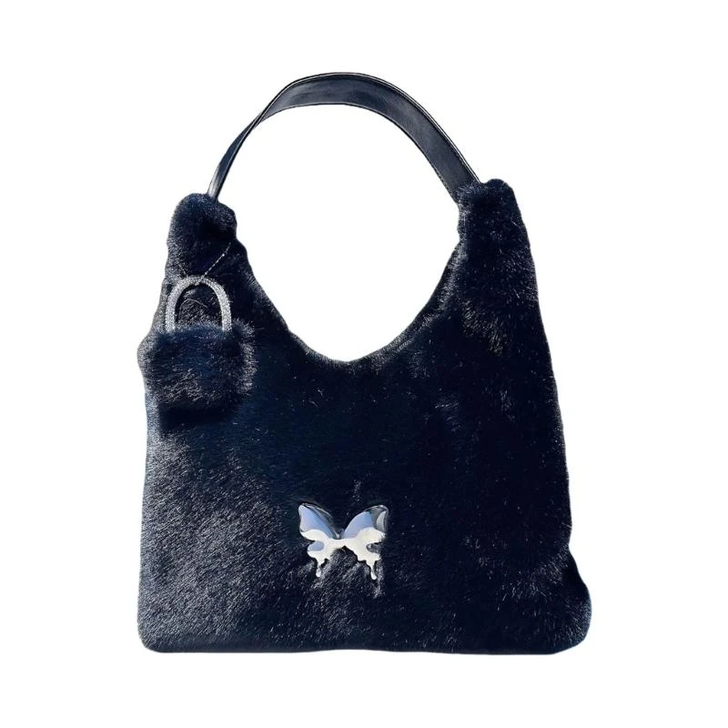 

Trendy Plush Shoulder Bag Soft Fuzzy Handbag with Butterfly Decors for Women