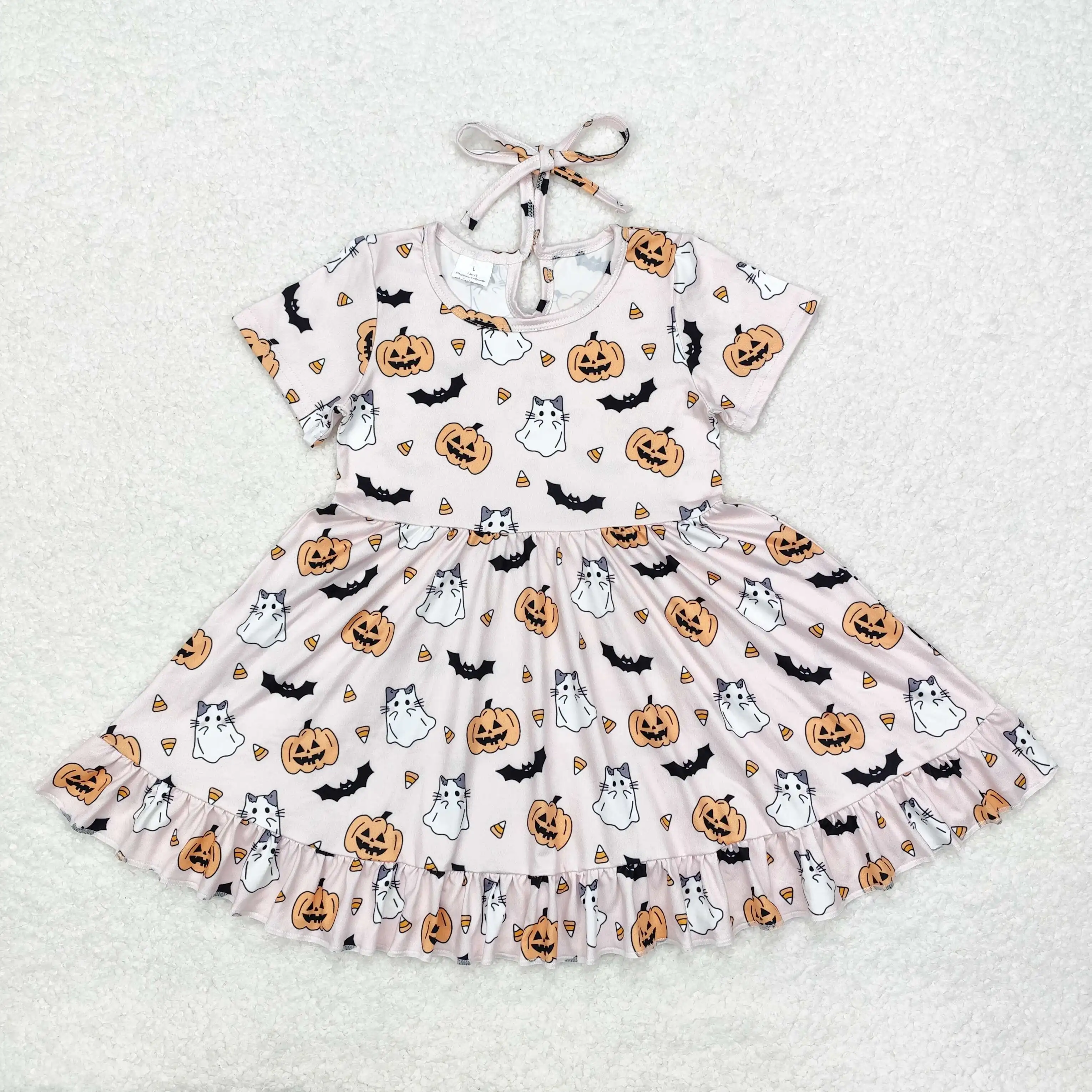 GSD1375 Fashionable Kids Dress For Girls Short Sleeve Ghost Kitten Pumpkin Bat Print With Dress  Children Clothes Rts No Moq