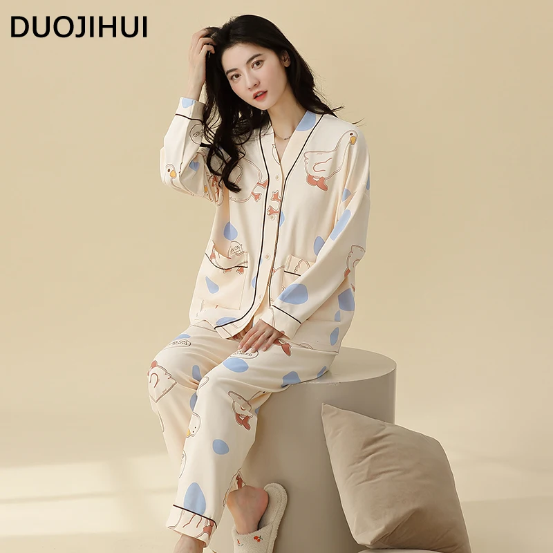 DUOJIHUI Two Piece Chic Print Simple Women's Pajamas Set Basic V-neck Button Cardigan Loose Casual Pant Fashion Female Sleepwear