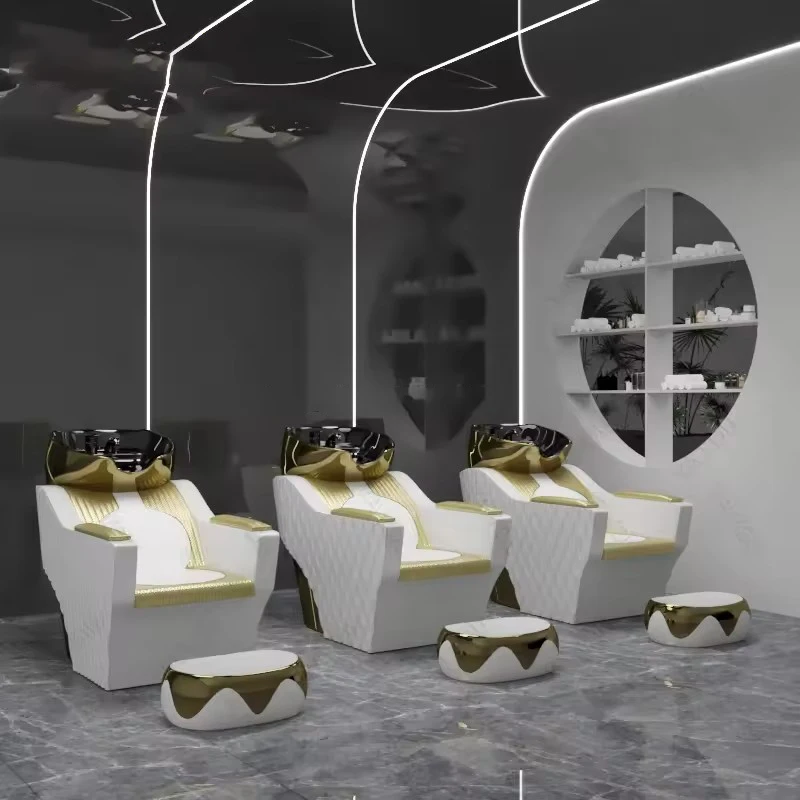 Luxury White and Gold Reclining Saloon Washing Chair Bed Modern Hair Salon Shampoo Chair with Ceramic Bowl