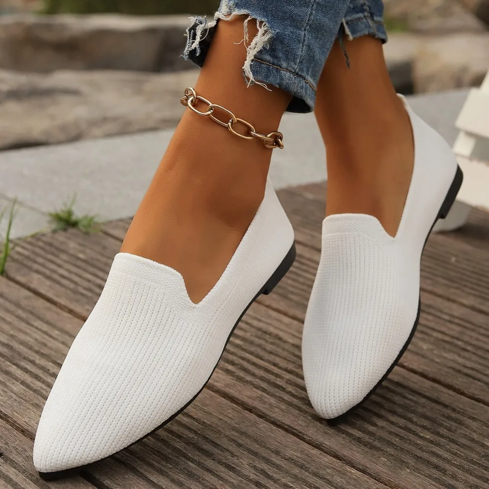Women Knit Fabric Pointed Toe Flat Loafers Slip‑On Breathable Casual Shoes Ladies Lightweight Soft Sole Daily Walking Moccasins