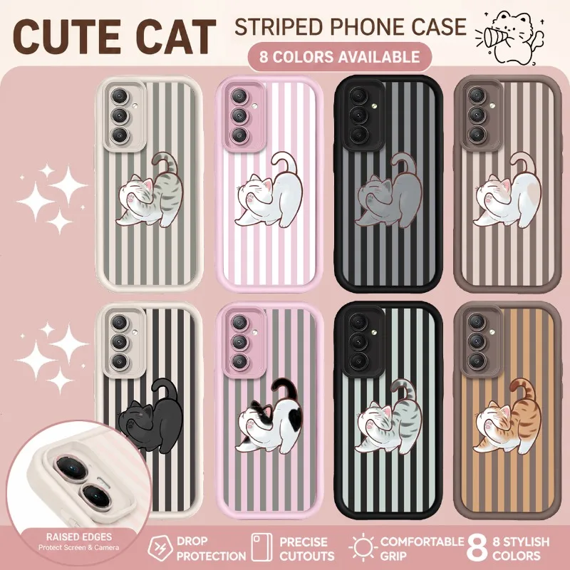 CUTE STRETCHING CAT STRIPED Case For Samsung Galaxy A16 A26 A36 A56 A05 A05S A15 A25 A35 A55 A54 A34 A24 A14 A13 A52 A52S A51
