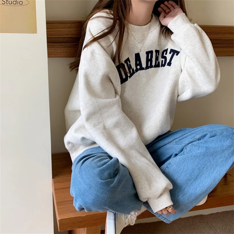 JHJN New Woman Sweatshirts O-Neck Letter Hoodies Long Sleeve Korean Casual Pullovers All-Match Loose Popular Female Tracksuit