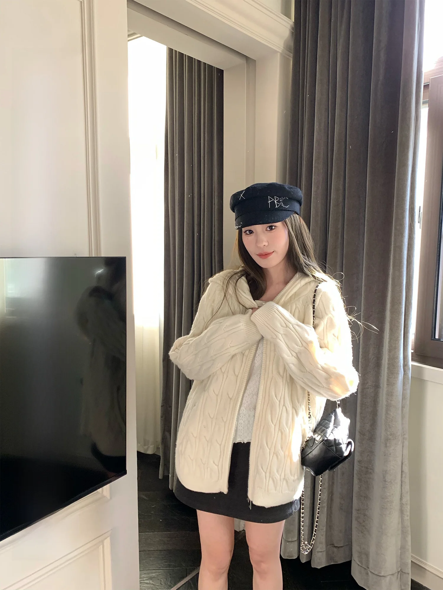 

Hhi вязаный свитер на молнии, пальто, женское весенне-осеннее свободное пальто, повседневное пальто с капюшоном для поездок на работу, дизайн высокого класса