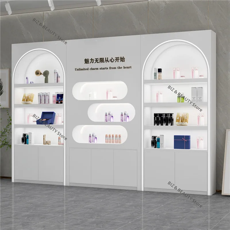 

Custom High Gloss Lacquer Cosmetic Display Cabinet - Image Wall & Reception Showcase Professional Skincare Product JT40