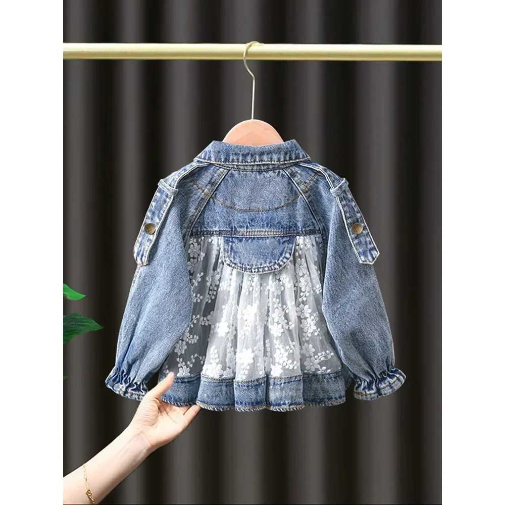 2024 New Girls Denim Jacket Spring and Autumn Clothes Children\'s Fashionable Korean Style Baby Girl Embroidered Lace Top