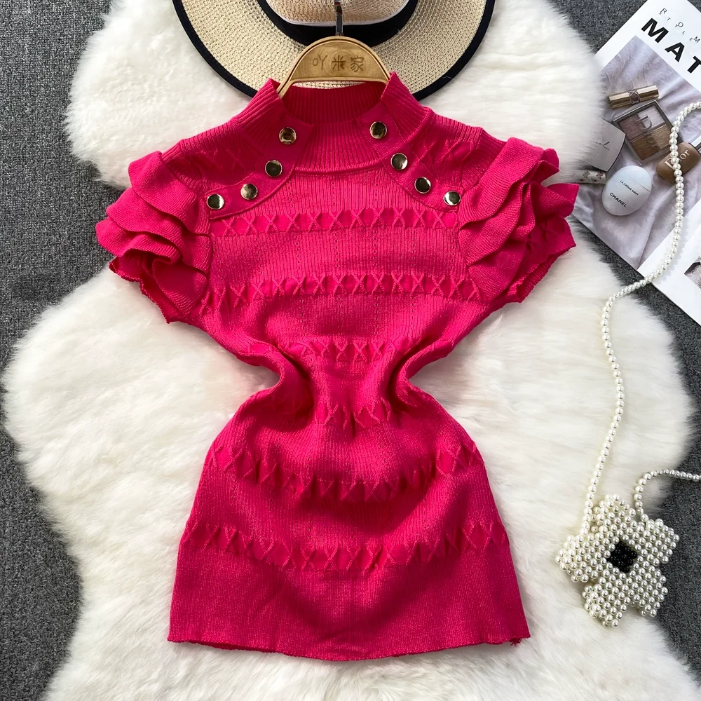 Summer Ruffles Short Sleeve Buttons Sweater Jumpers Girls Stretchy Chic Sweaters Pullovers Tops Women Knitted Tee Shirts