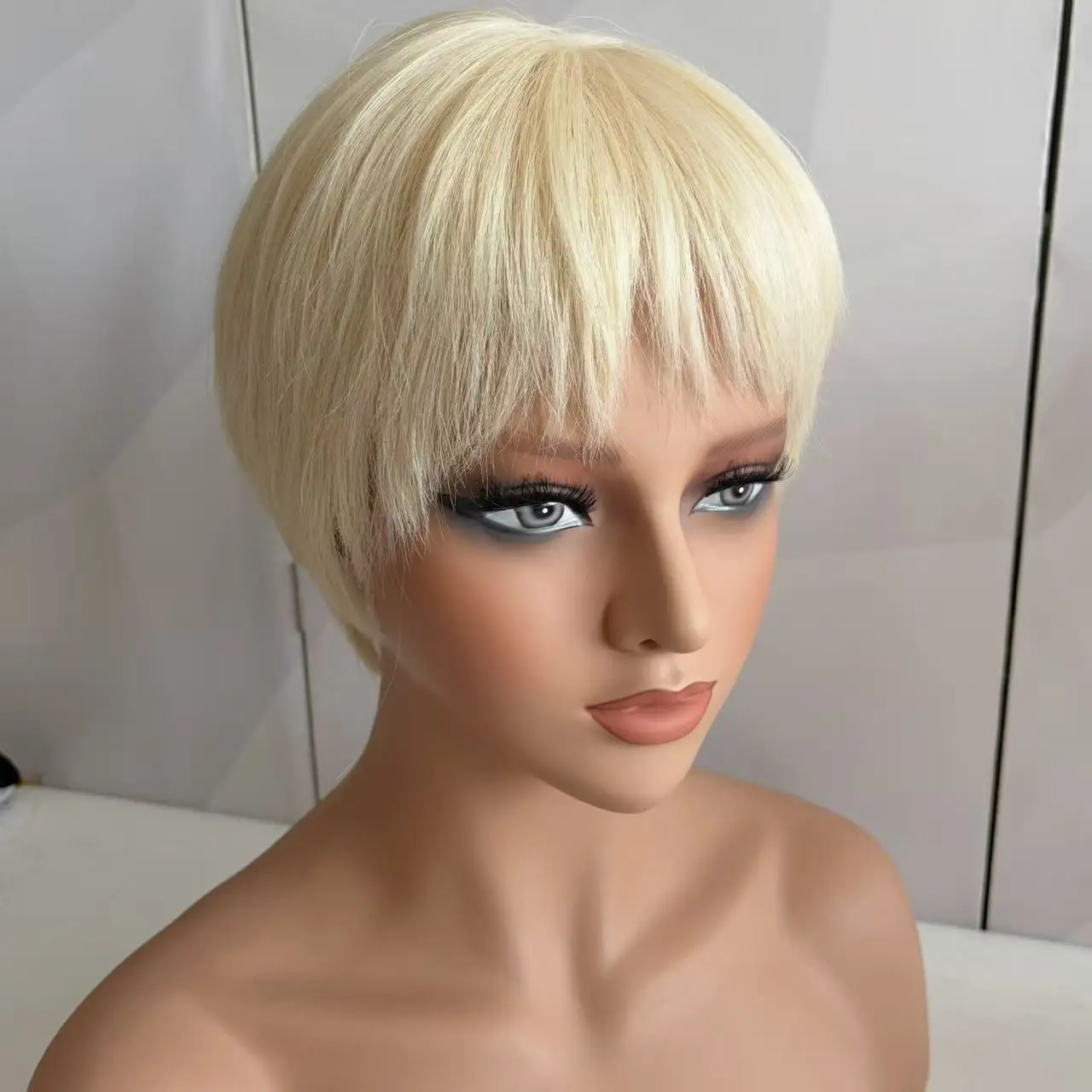 Full Hand Tied Ice White Short Pixie Cut Wig Silk Base Top 100% European Human Hair Wigs for Women
