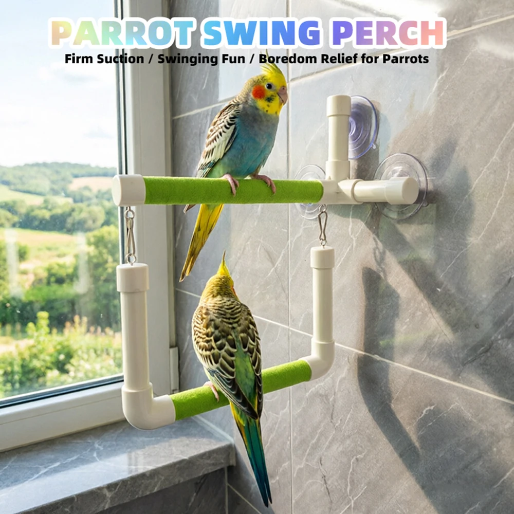 Vogelschaukel mit Sitzstange und Spielzeug, Starker Saugnapf, Tragbare Plattform für Papageien und Wellensittiche, Fensterständer-Zubehör