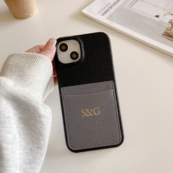 Personalized engraved initials name card holder two-color Leather Phone case for iPhone16 15Promax 14 13 12 11 protective cover