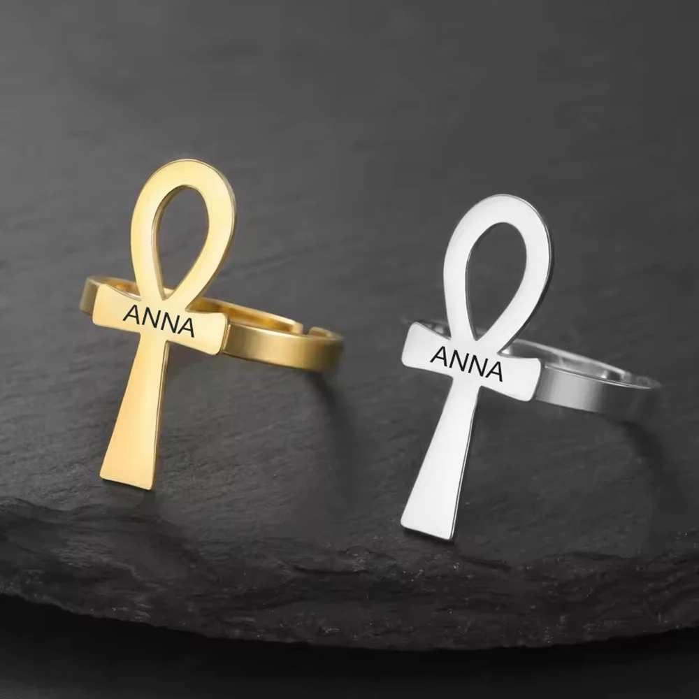 

Sipuris Cross Custom Engraving Name Open Rings For Women Men Personalized African Egyptian Ankh Letter Ring Jewelry Gifts