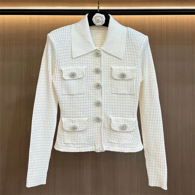 

Кардиган для женщин 2026, весенний новый эластичный вязаный облегающий топ с длинными рукавами, блестящая тонкая куртка с лацканами на пуговицах, пальто, женский свитер