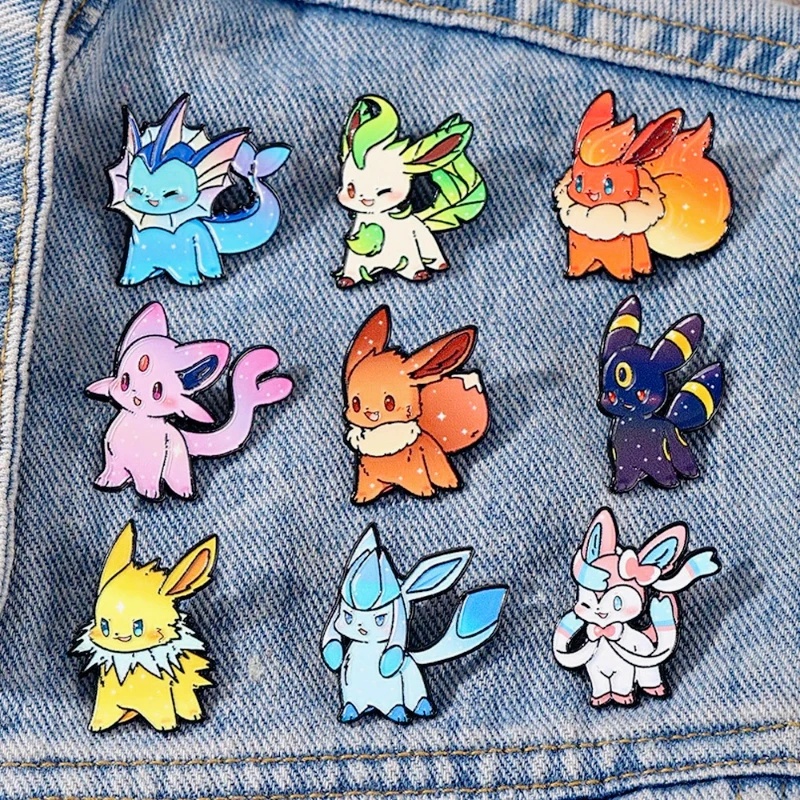 Hot 9Pcs Cute Anime Pokemon Eevee Elf Monsters Enamel Pins Set Fashion Animals Brooches Fashion Women's Lapel Pins Holiday Gifts