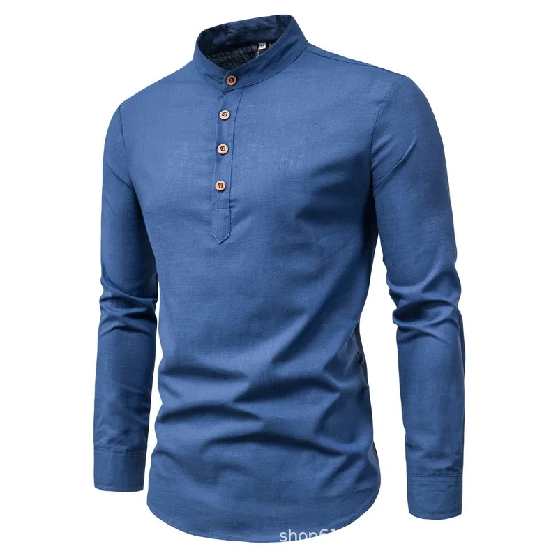 2024 New Men\'s Foreign Trade Leisure Long sleeved Four Seasons Solid Color Standing Neck Shirt