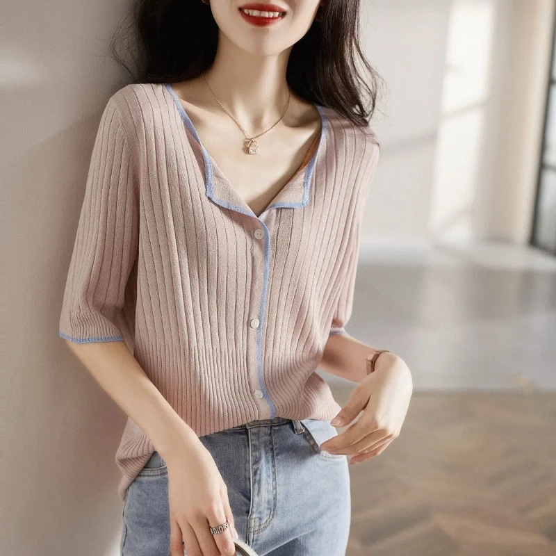 Korean Fashion Summer T-Shirts New Ice Silk Women's V-Neck Striped Button Simplicity Office Lady Loose Half Sleeve Knitting Tops