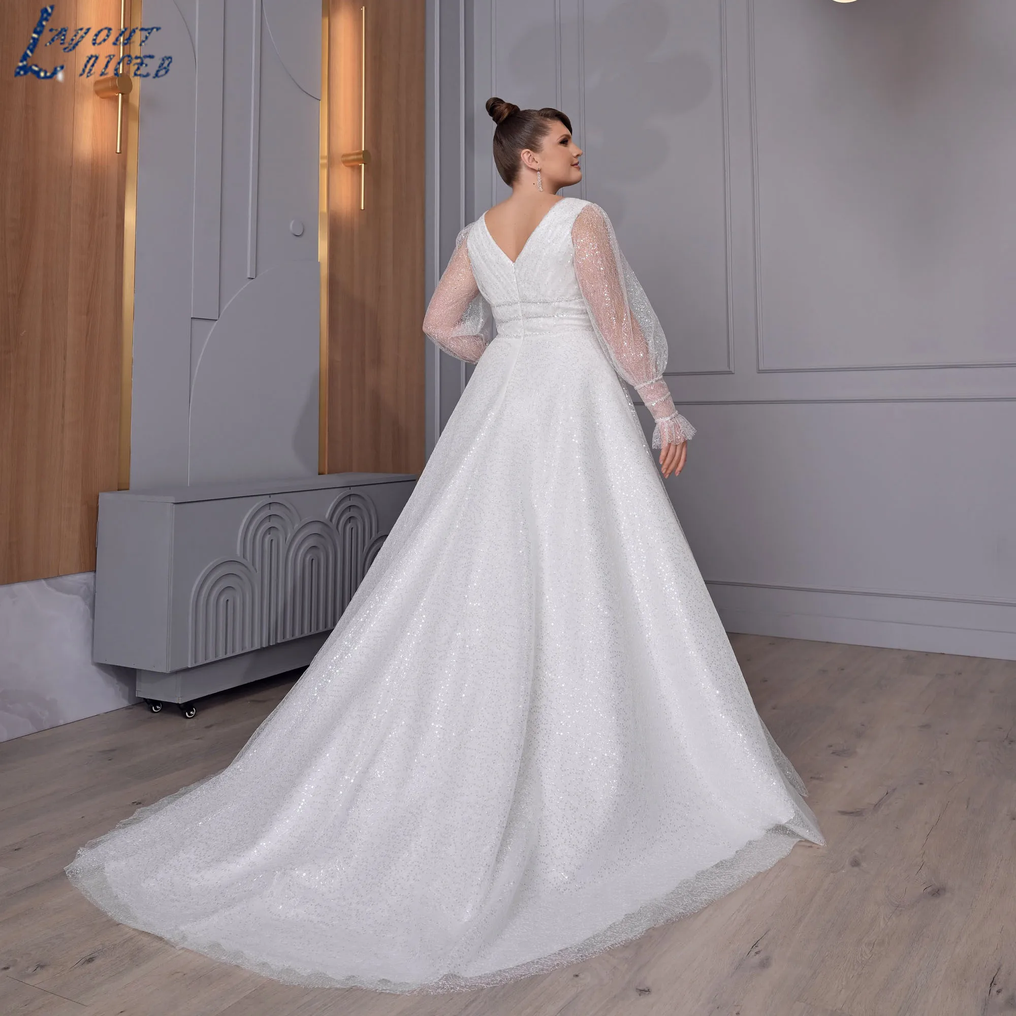 LAYOUT NICEB Large Size Wedding Gowns A-Line Long Sleeve Sparkly Tulle Bride Dresses V-Neck Sequined vestido de novia Customized